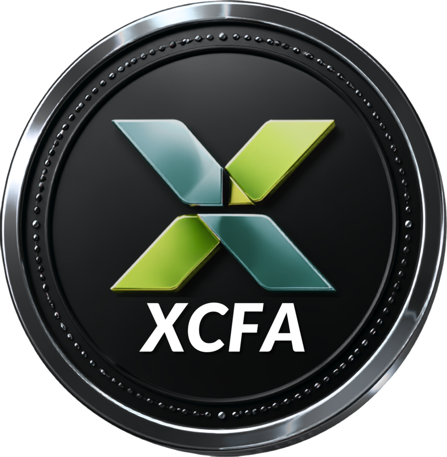 XCFA coin emblem with tribal mask and botanical motifs